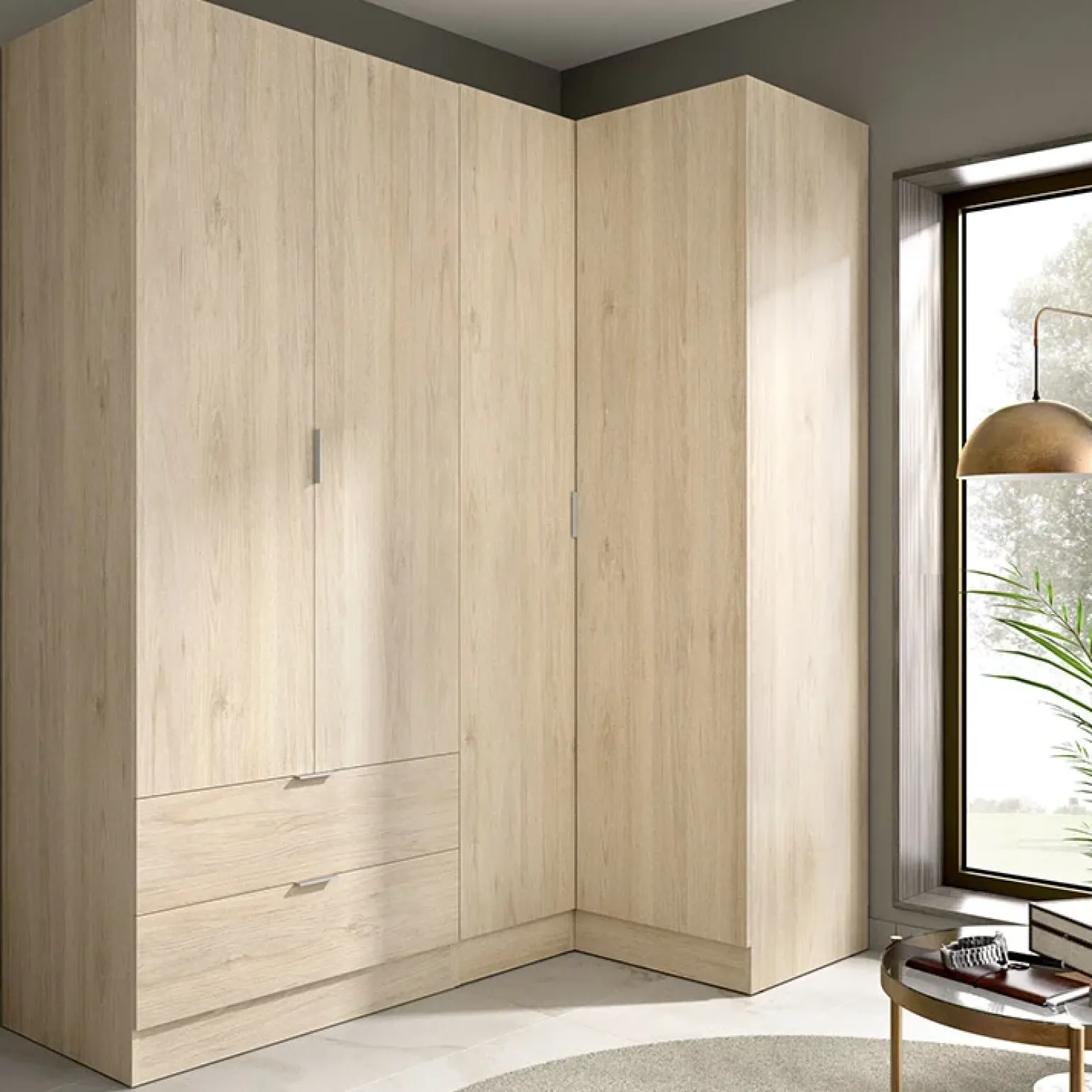 Armadio angolare 174x184h cm con ante e cassetti legno rovere Juan