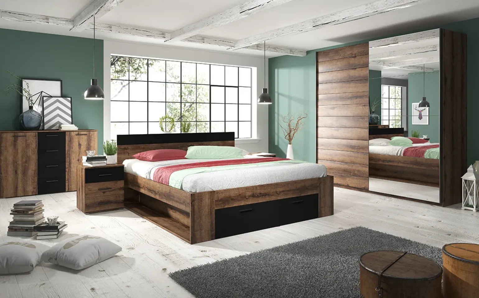 Armadio con specchio 221x210h cm 2 ante scorrevoli rovere scuro Lisbona Gihome®