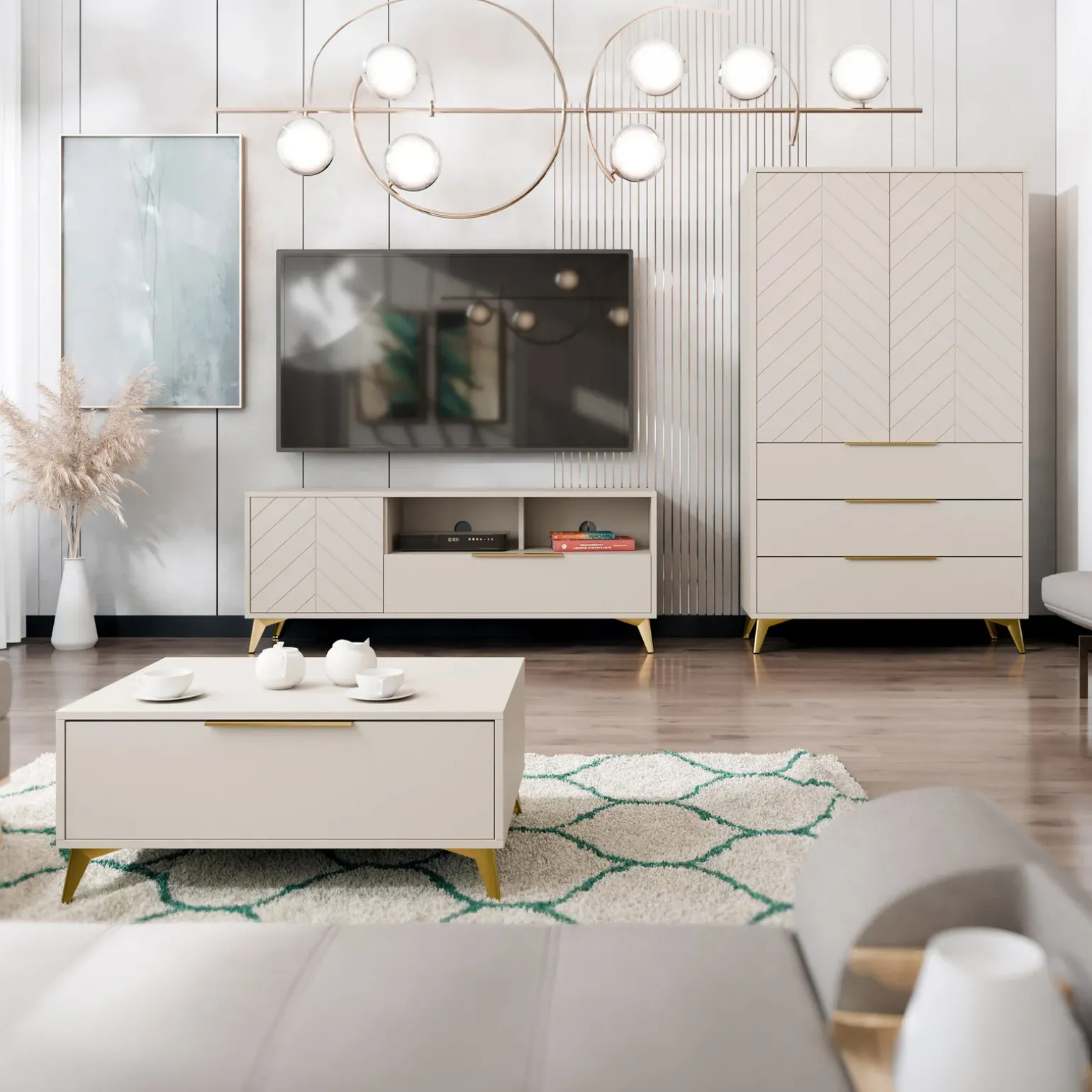 Armadio soggiorno 104x180h cm 2 ante 6 cassetti beige con frontali serigrafati Miriam