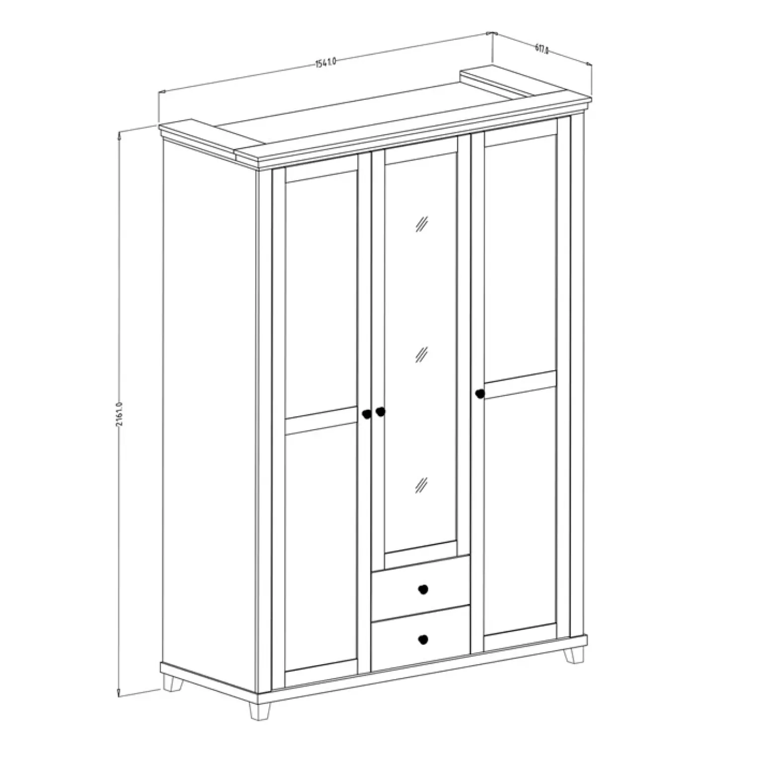Armadio 154x216h cm 3 ante 2 cassetti con specchio bianco frassinato quercia Texel