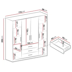 Armadio 196x200h cm 4 ante 3 cassetti con specchio grafite Sottosogno