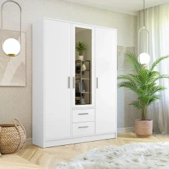 Armadio 153x202h cm 3 ante 2 cassetti con specchio bianco opaco Enirel