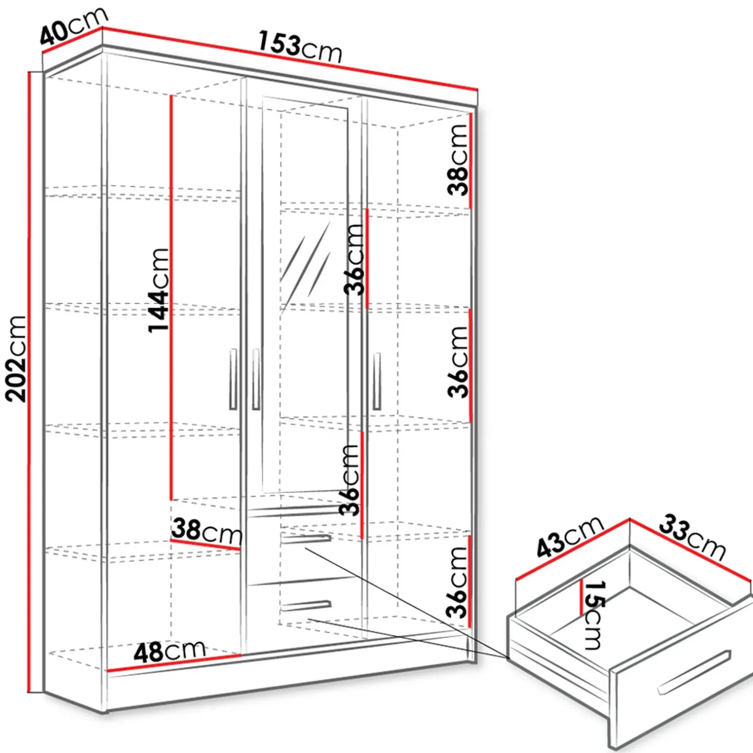 Armadio 153x202h cm 3 ante 2 cassetti con specchio bianco opaco Enirel