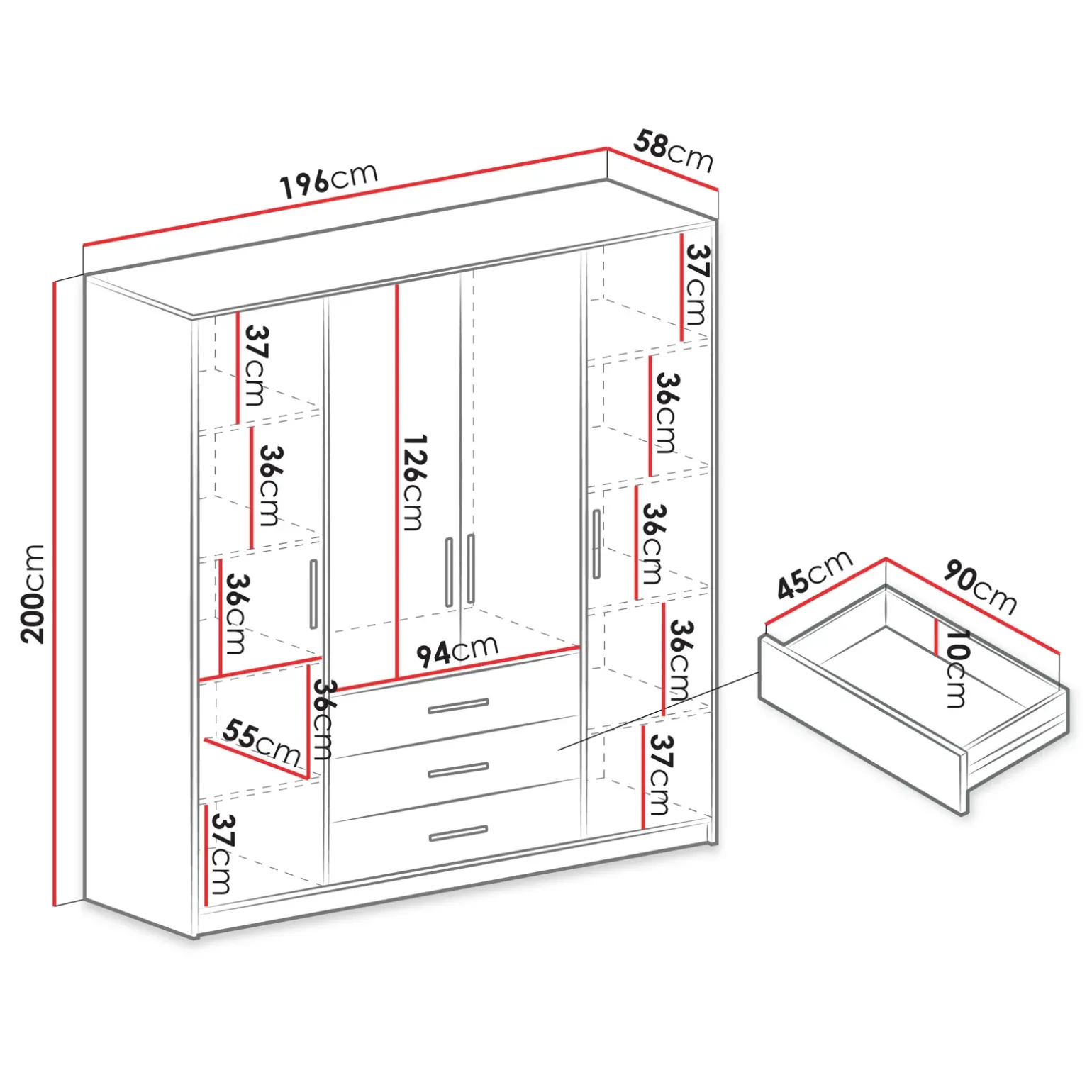 Armadio 196x200h cm 4 ante 3 cassetti con specchio bianco Sottosogno