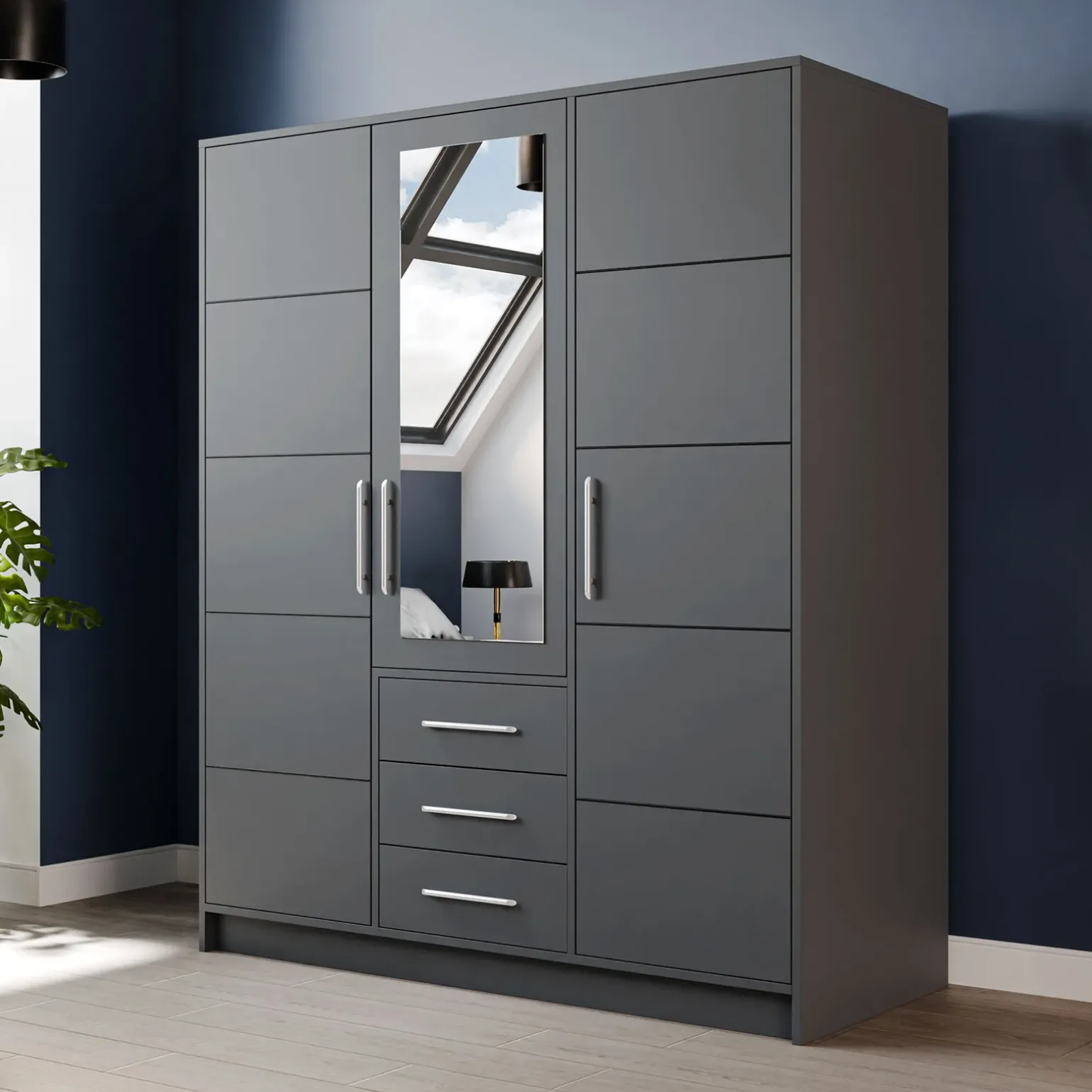 Armadio 147x200h cm 3 ante 3 cassetti con specchio grafite Sottosogno