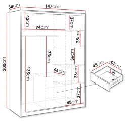 Armadio 147x200h cm 3 ante 3 cassetti con specchio grafite Sottosogno