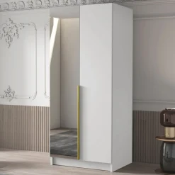 Armadio 100x215h cm 2 ante 1 specchio moderno bianco oro Glammy 2