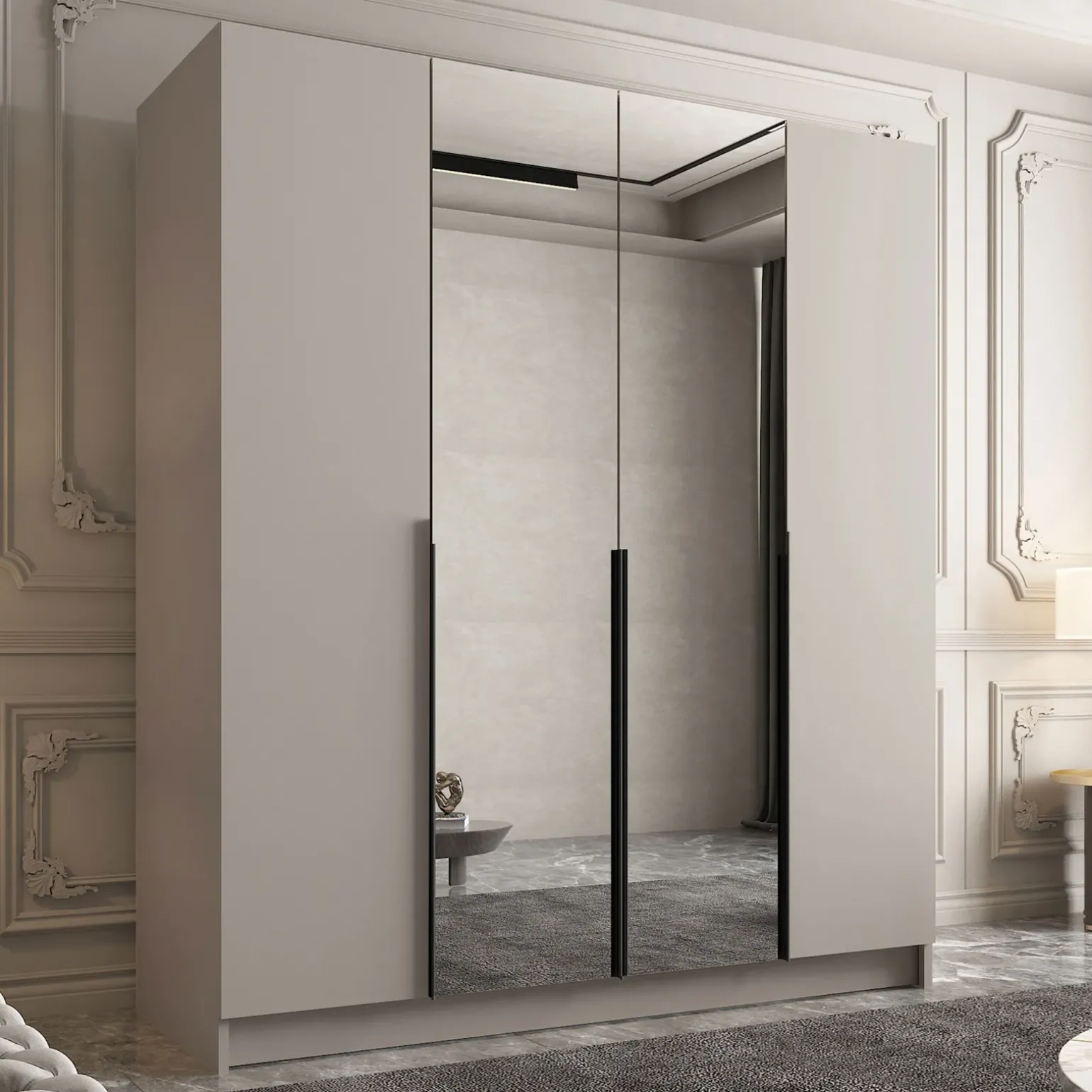 Armadio 200x215h cm 4 ante 2 specchi beige moderna nero Glammy 4