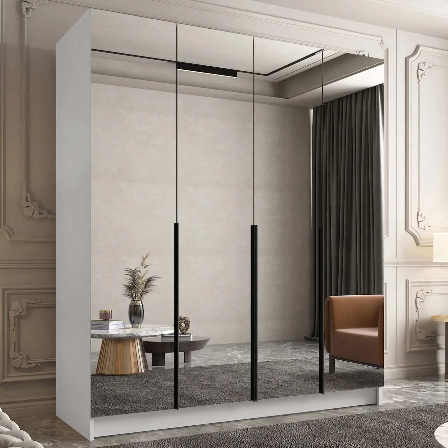 Armadio 200x215h cm 4 ante 4 specchi moderno bianco nero Glammy 4