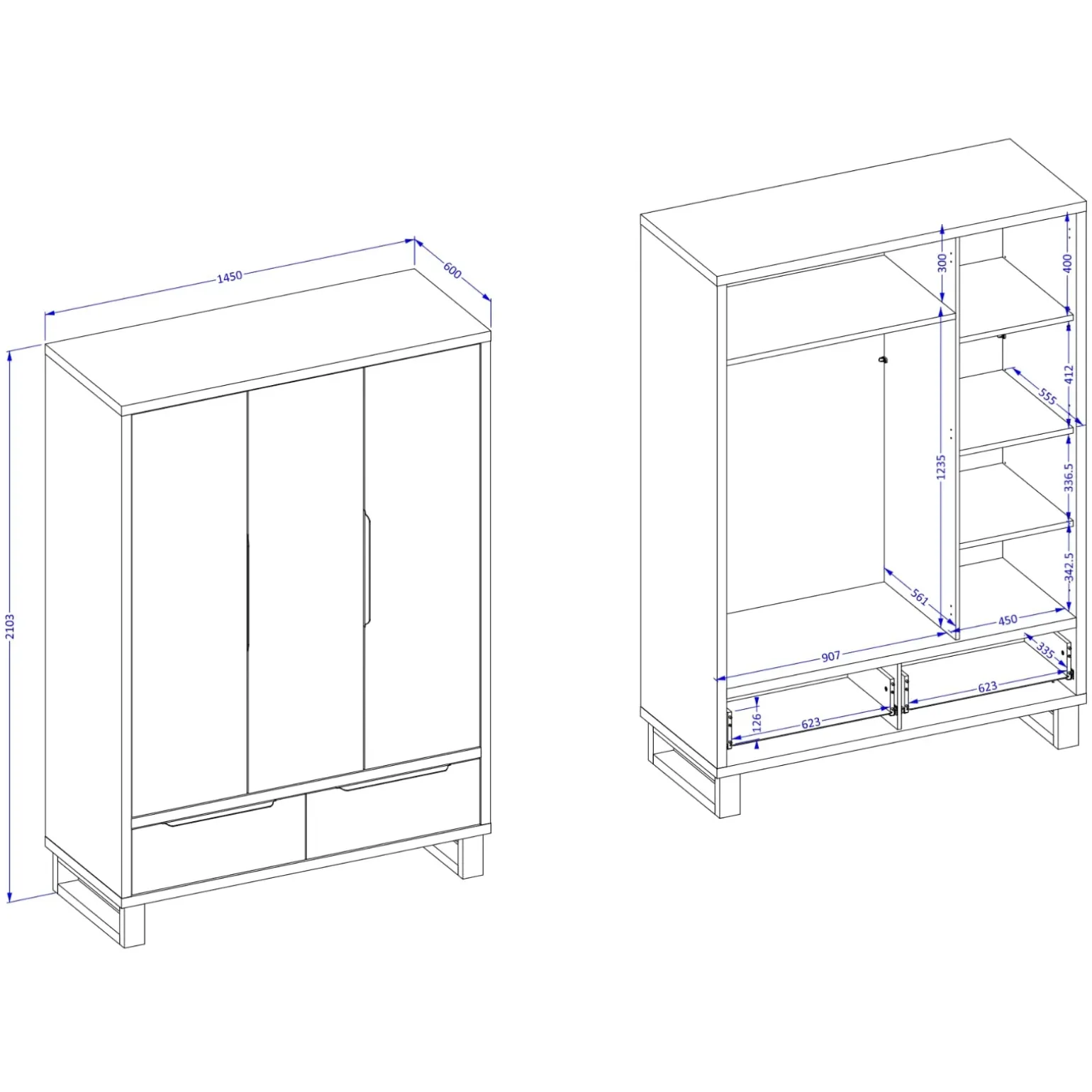 Armadio 145x210h cm 3 ante battenti 2 cassetti rovere Petra