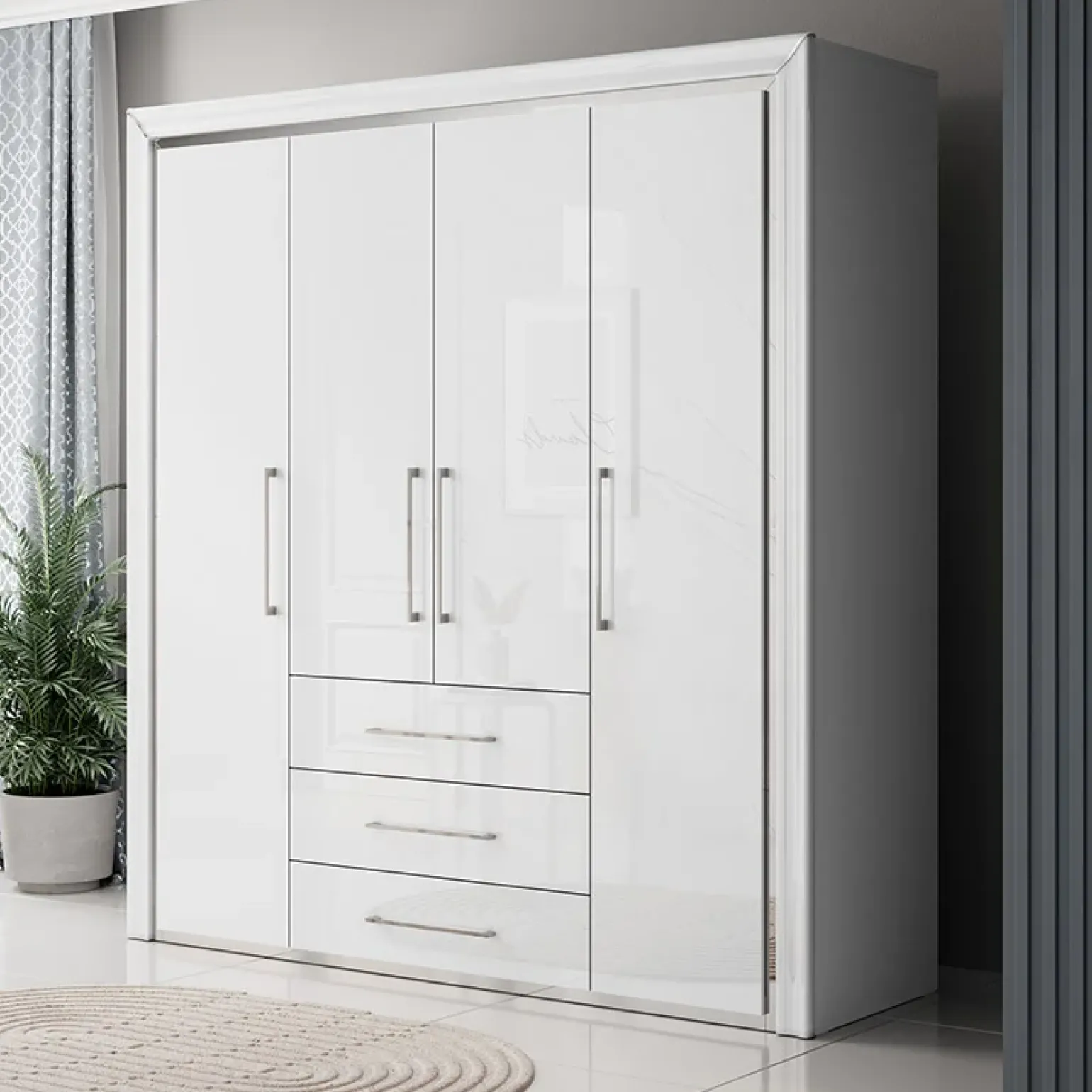Armadio 199x214h cm 4 ante battenti 3 cassetti moderno bianco Benz