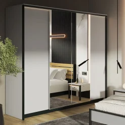 Armadio 250x215h cm 4 ante battenti con specchio con LED grigio nero Luna
