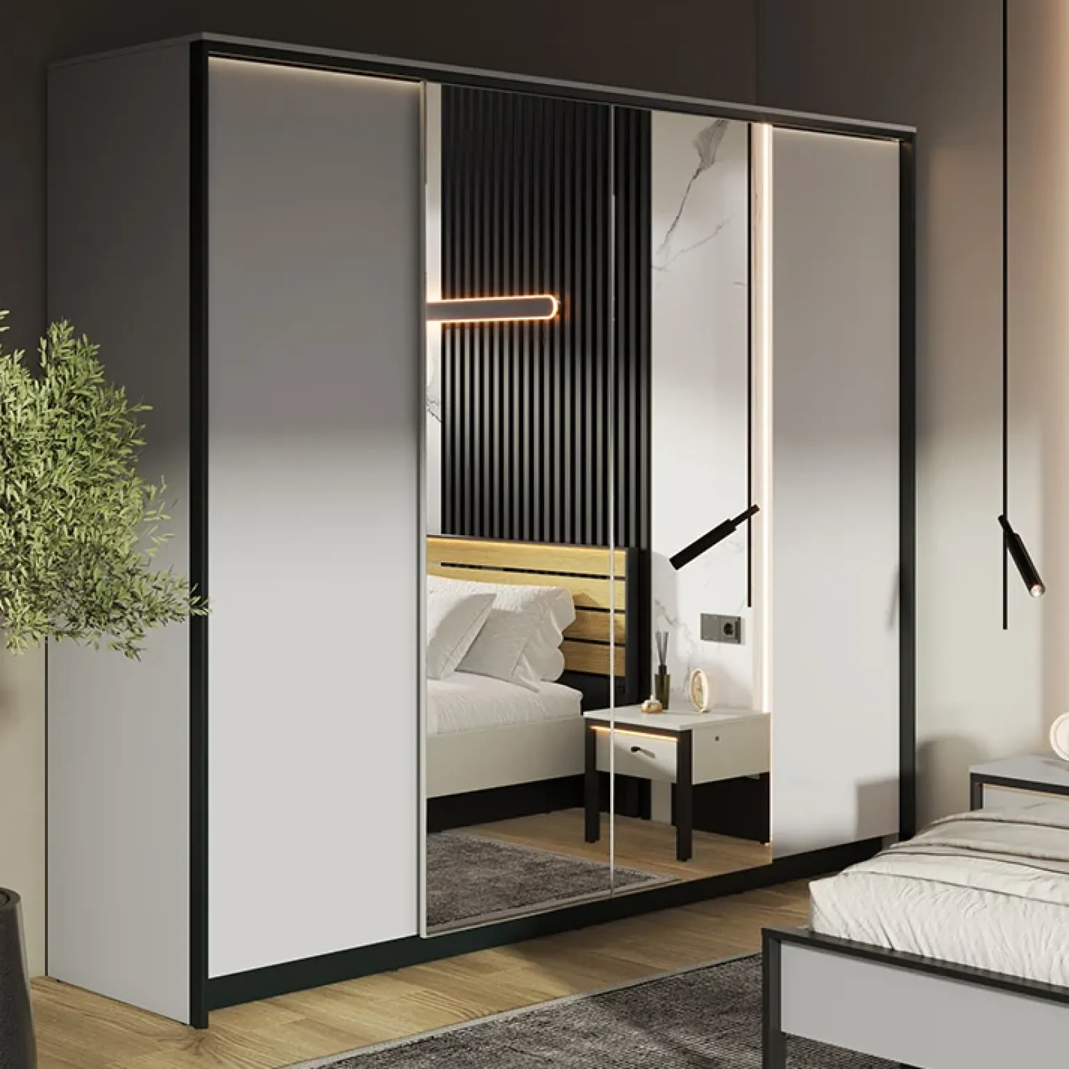 Armadio 250x215h cm 4 ante battenti con specchio con LED grigio nero Luna