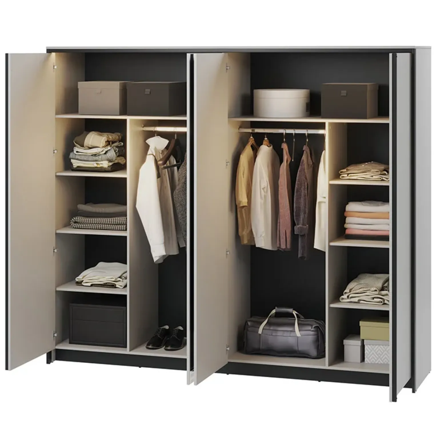 Armadio 250x215h cm 4 ante battenti con specchio con LED grigio nero Luna