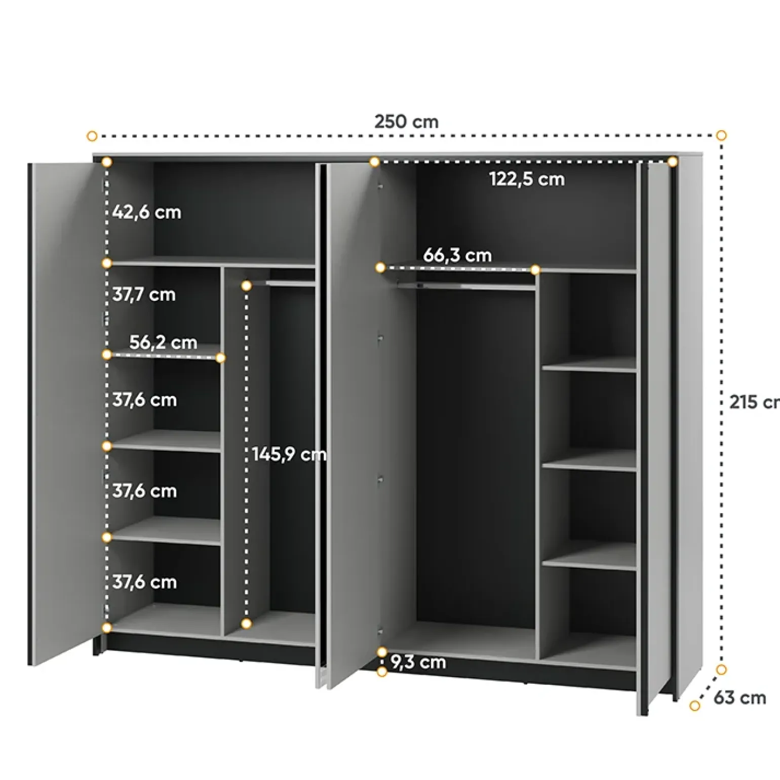 Armadio 250x215h cm 4 ante battenti con specchio con LED grigio nero Luna