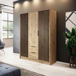 Armadio 155x200h cm 3 ante con cassetti moderno quercia nero Miller
