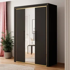 Armadio 155x214h cm 3 ante con specchio modderno nero oro Benz