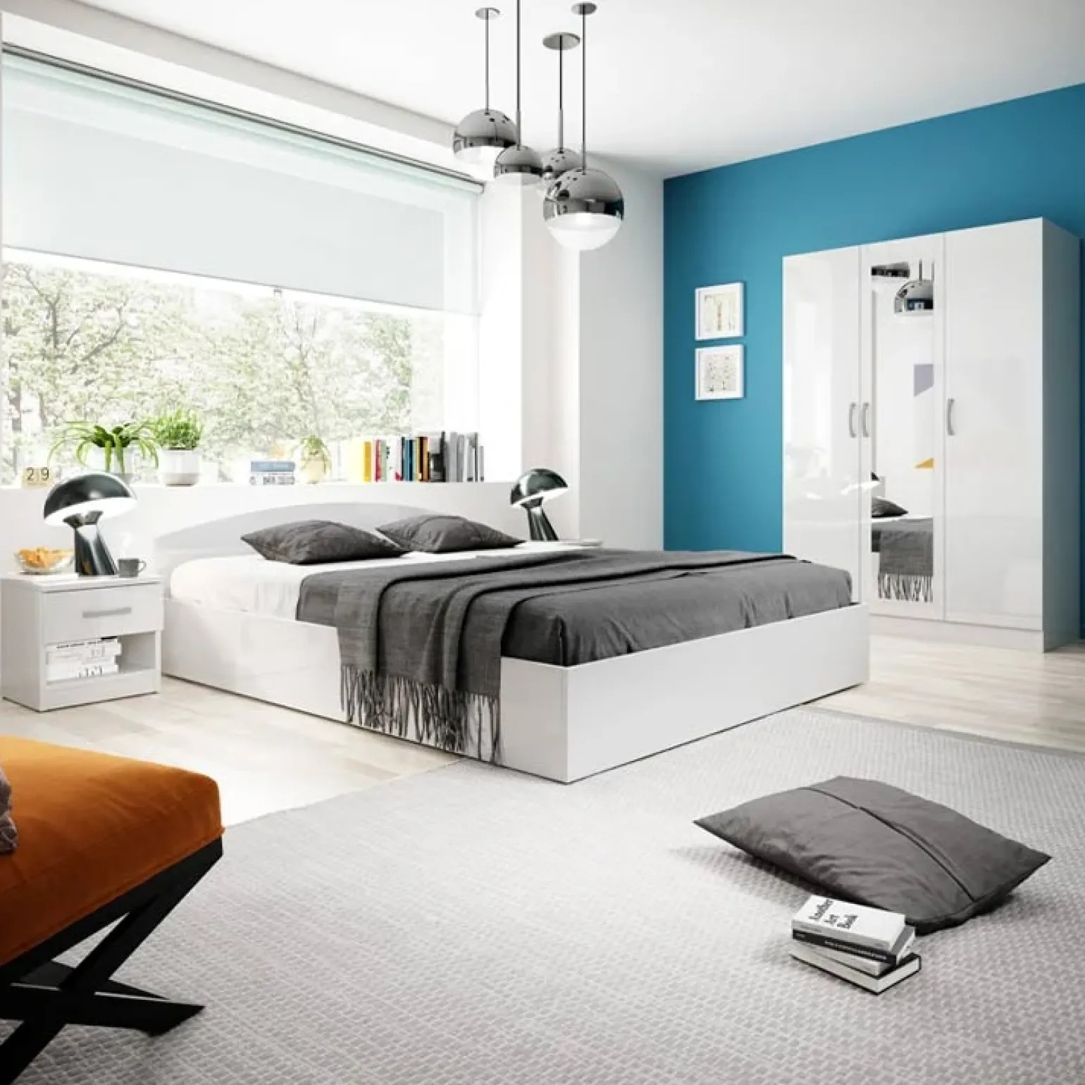 Armadio 120x181h cm 3 ante con specchio moderno bianco lucido Sorrento