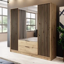 Armadio 206x200h cm 4 ante con specchio moderno quercia nero Miller