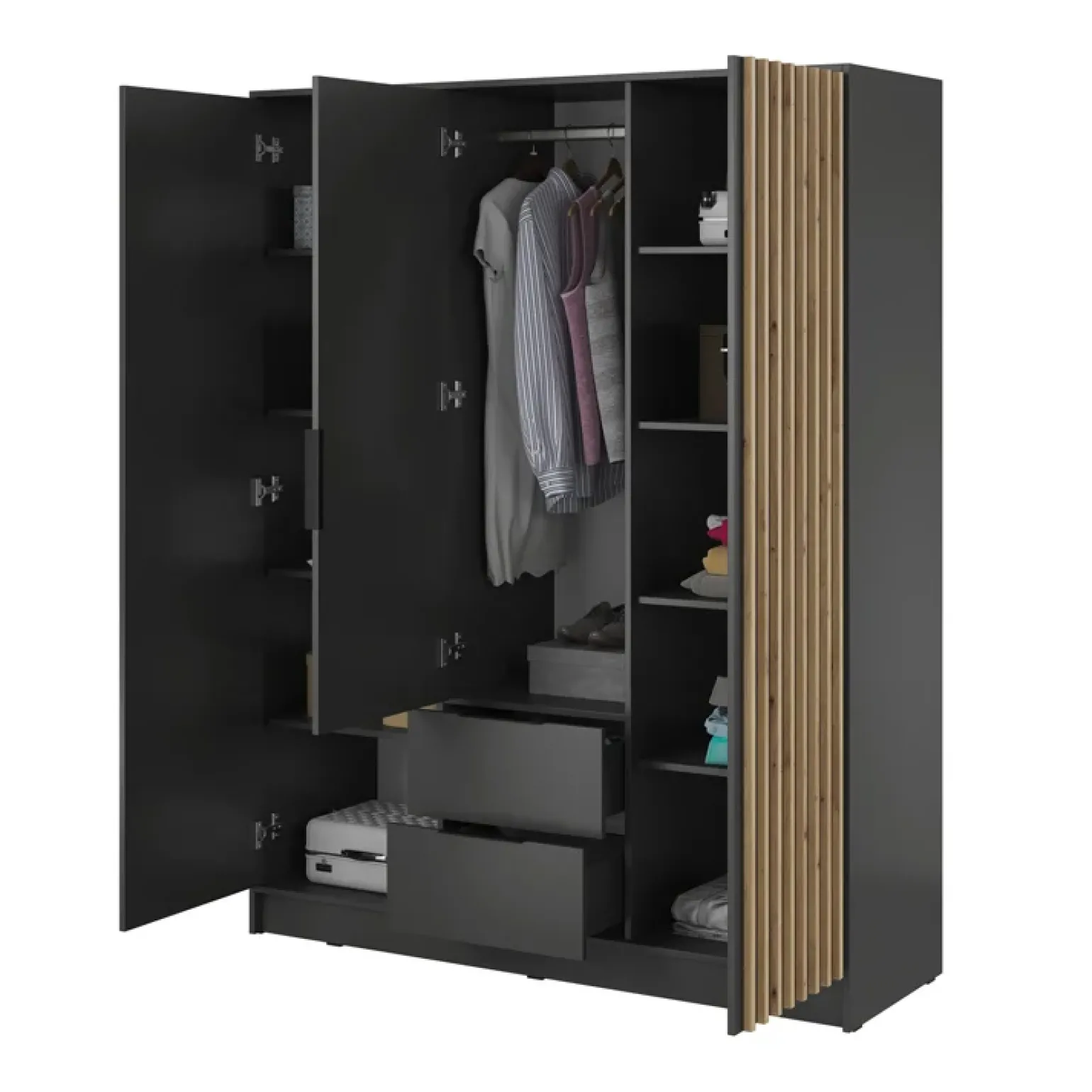 Armadio 155x200h cm 3 ante con specchio antracite quercia Miller
