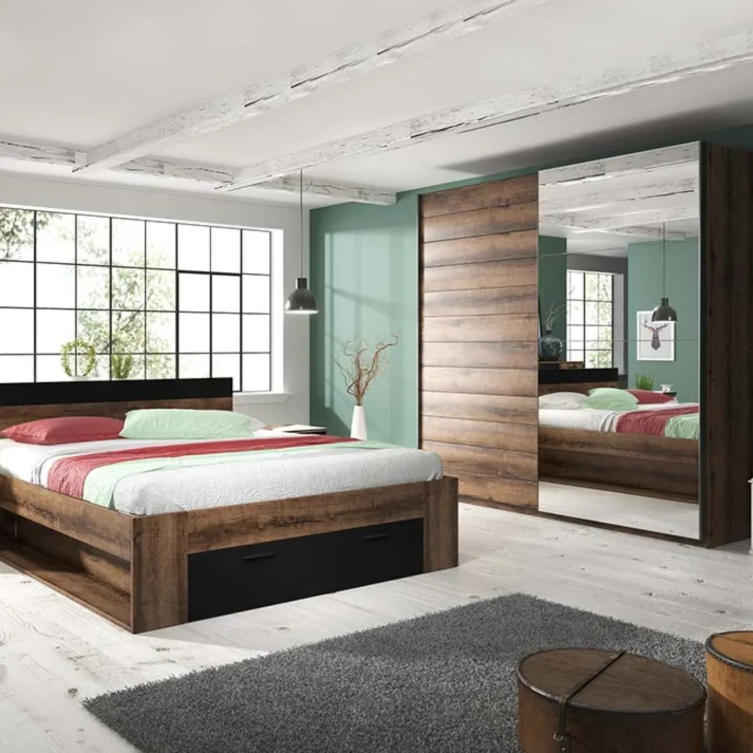 Armadio 200x210h cm 2 ante con specchio rovere scuro Lisbona Gihome®