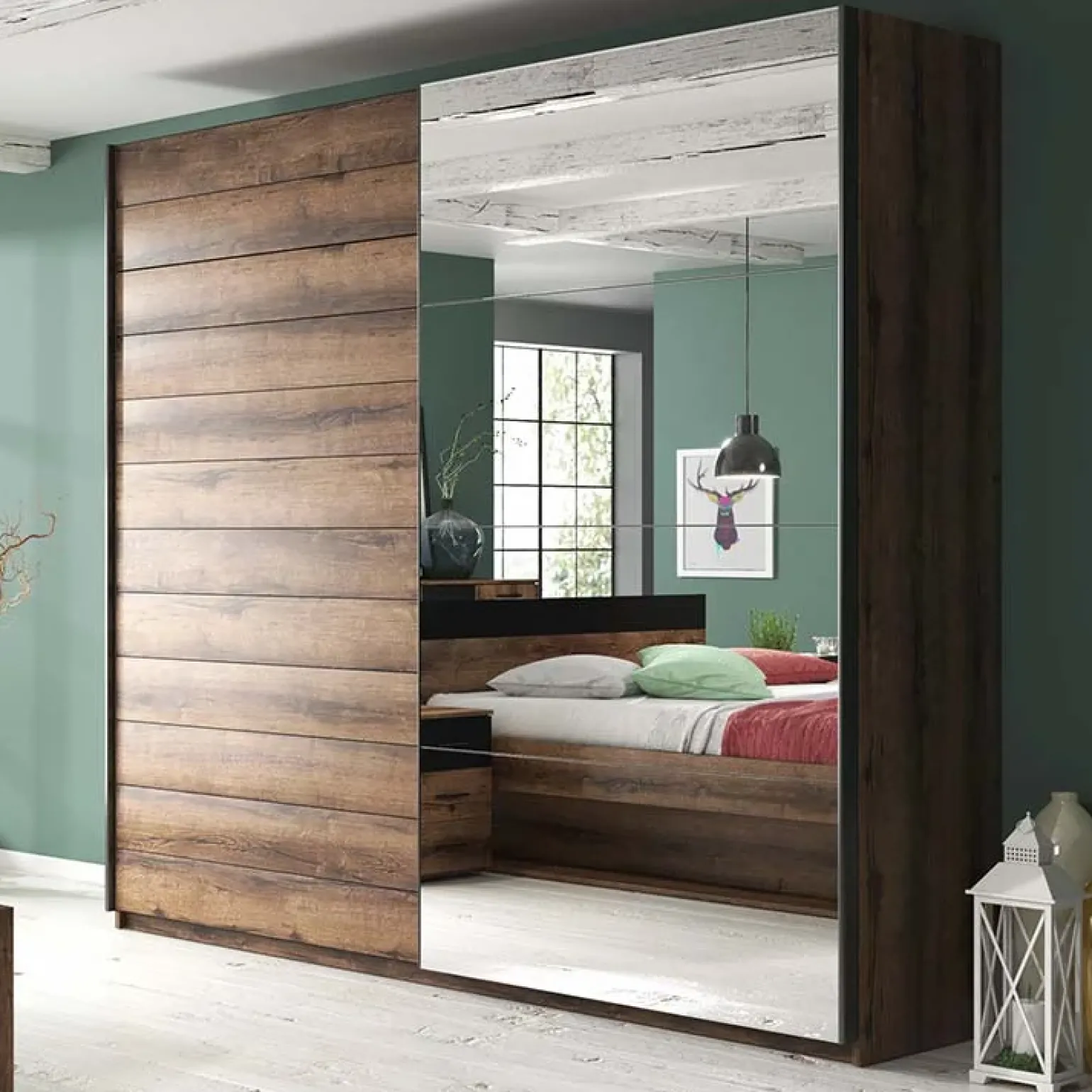 Armadio 180x210h cm 2 ante scorrevoli con specchio moderno rovere scuro Lisbona Gihome®