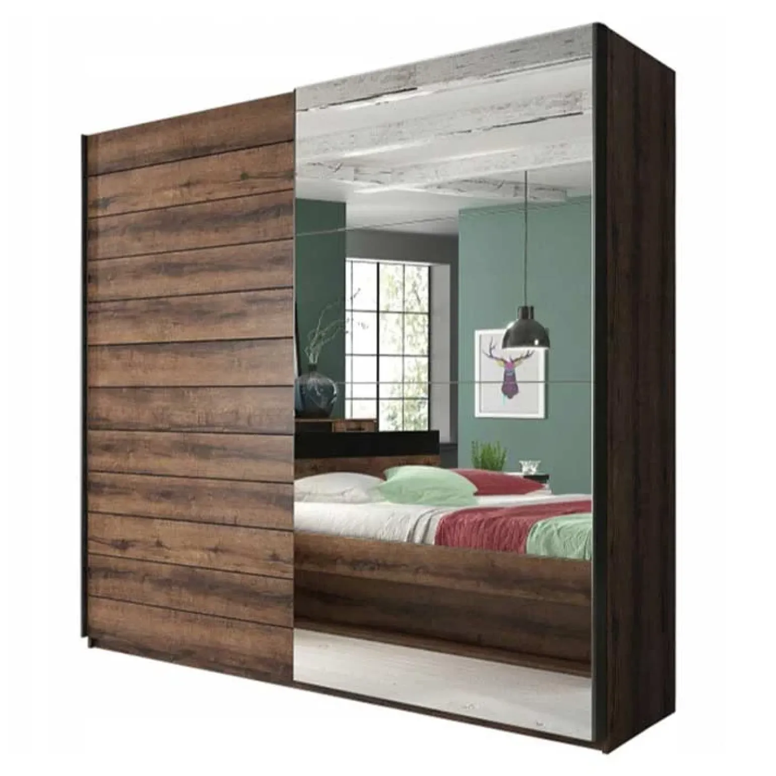 Armadio 180x210h cm 2 ante scorrevoli con specchio moderno rovere scuro Lisbona Gihome®