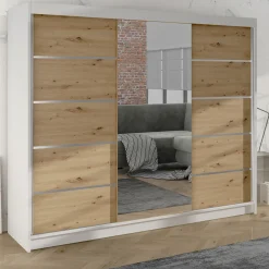 Armadio 200x215h cm 2 ante scorrevoli con specchio bianco opaco rovere Silven