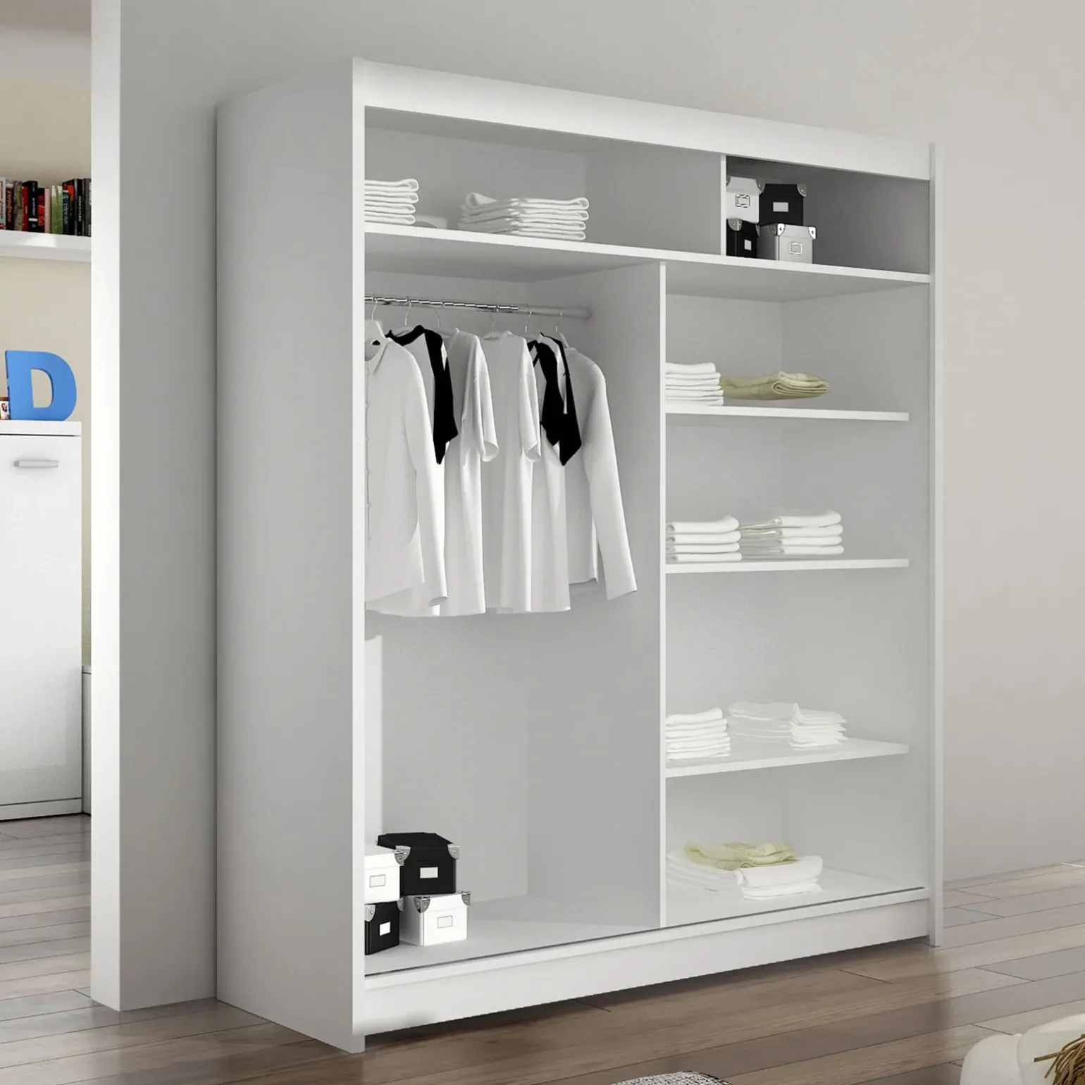 Armadio 150x200h cm 2 ante scorrevoli con specchio moderno bianco Lunysia