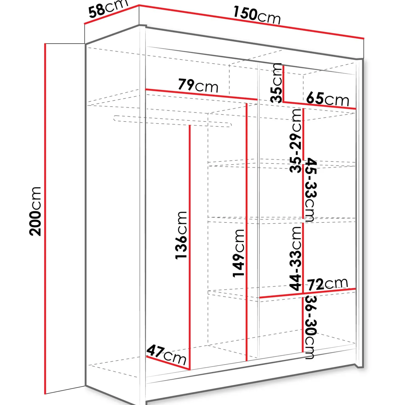 Armadio 150x200h cm 2 ante scorrevoli con specchio moderno bianco Lunysia