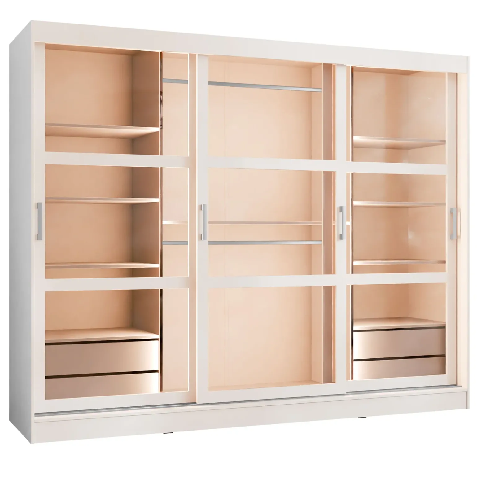 Armadio 250x203h cm 3 ante scorrevoli vetrate 4 cassetti con illuminazione a LED bianco opaco Nivora