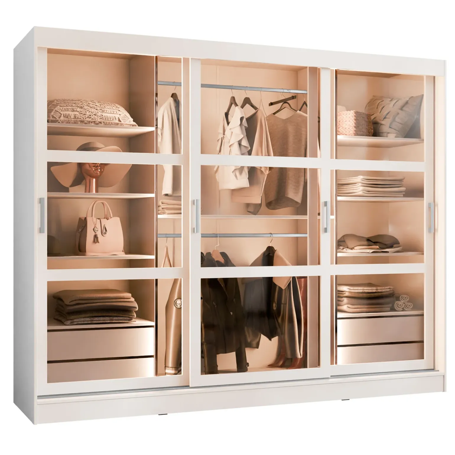 Armadio 250x203h cm 3 ante scorrevoli vetrate 4 cassetti con illuminazione a LED bianco opaco Nivora