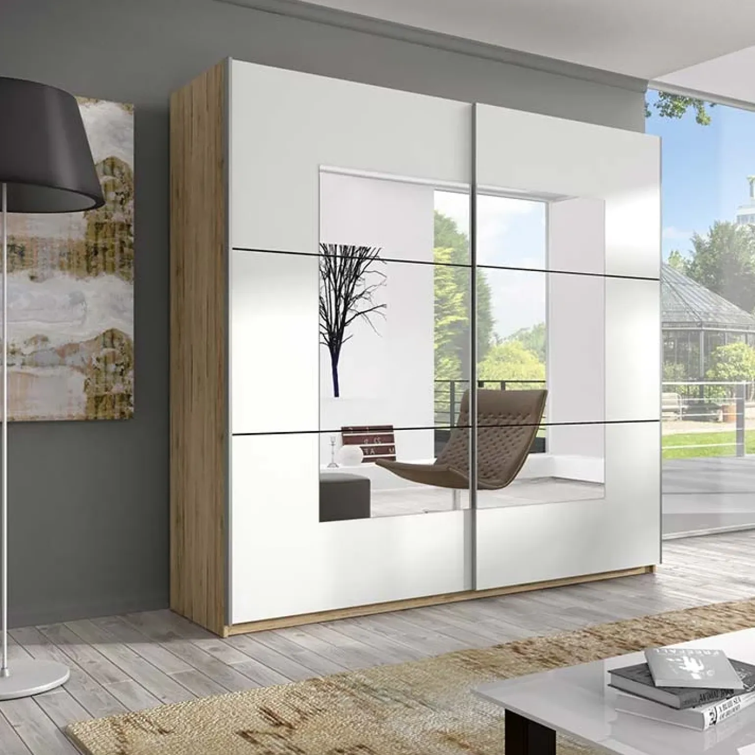 Armadio 221x210h cm 2 ante scorrevoli rovere bianco opaco Logan Gihome®