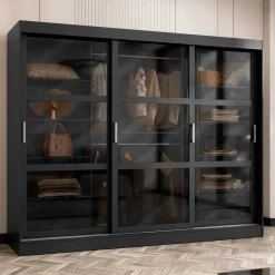 Armadio 250x203h cm 3 ante scorrevoli vetrate 4 cassetti nero opaco Nivora