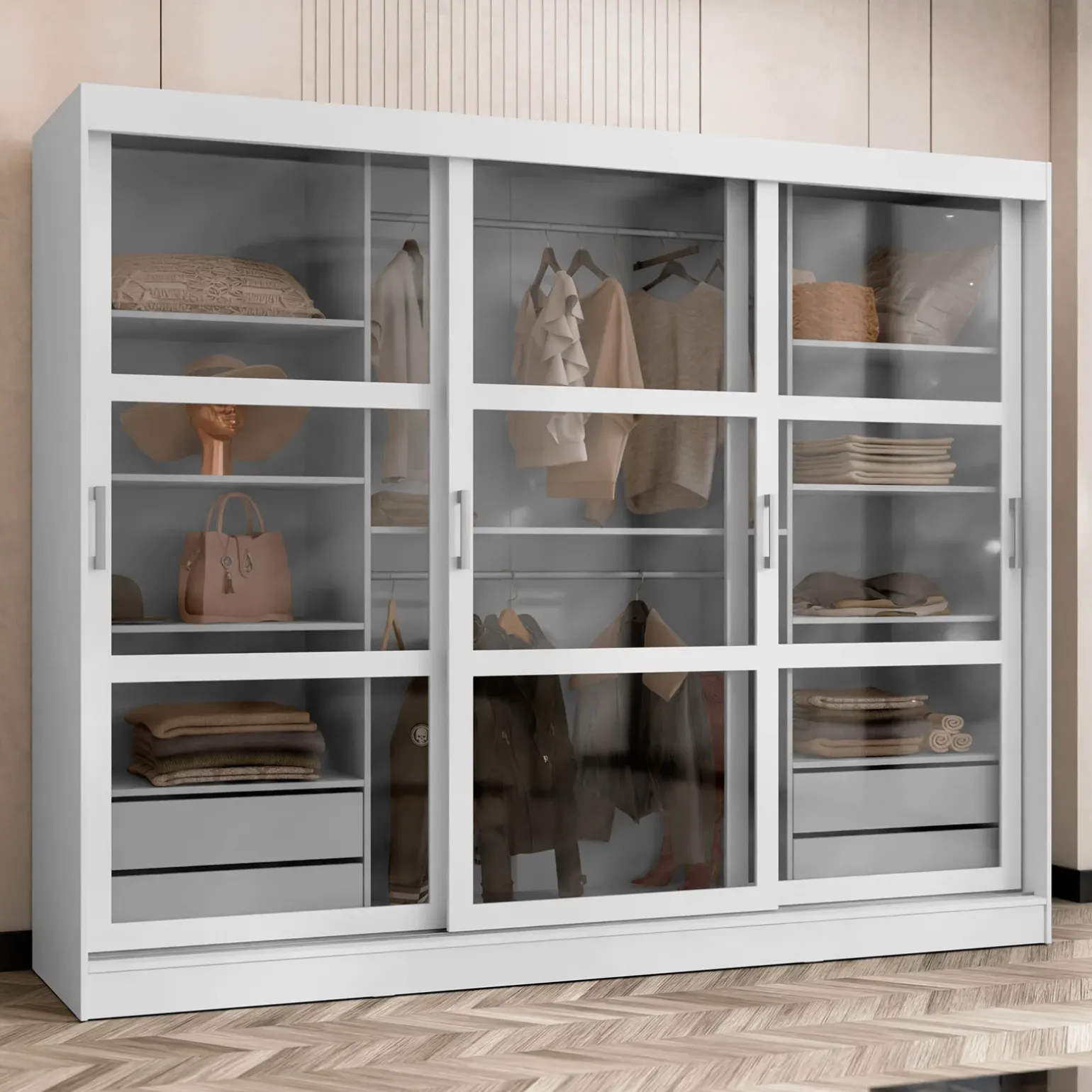 Armadio 250x203h cm 3 ante scorrevoli vetrate 4 cassetti bianco opaco Nivora