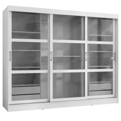 Armadio 250x203h cm 3 ante scorrevoli vetrate 4 cassetti bianco opaco Nivora
