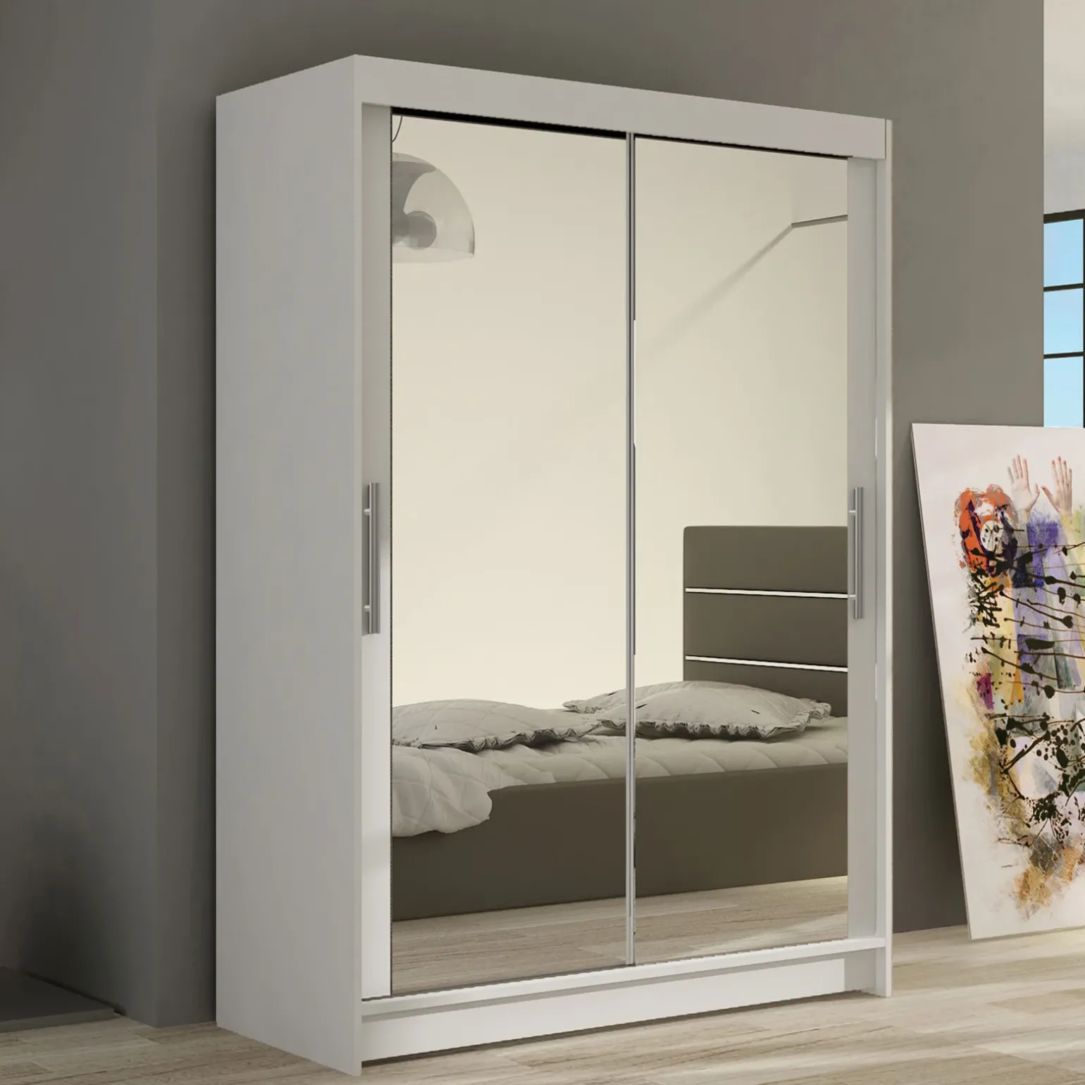 Armadio 120x200h cm 2 ante scorrevoli con specchio bianco Tancredi