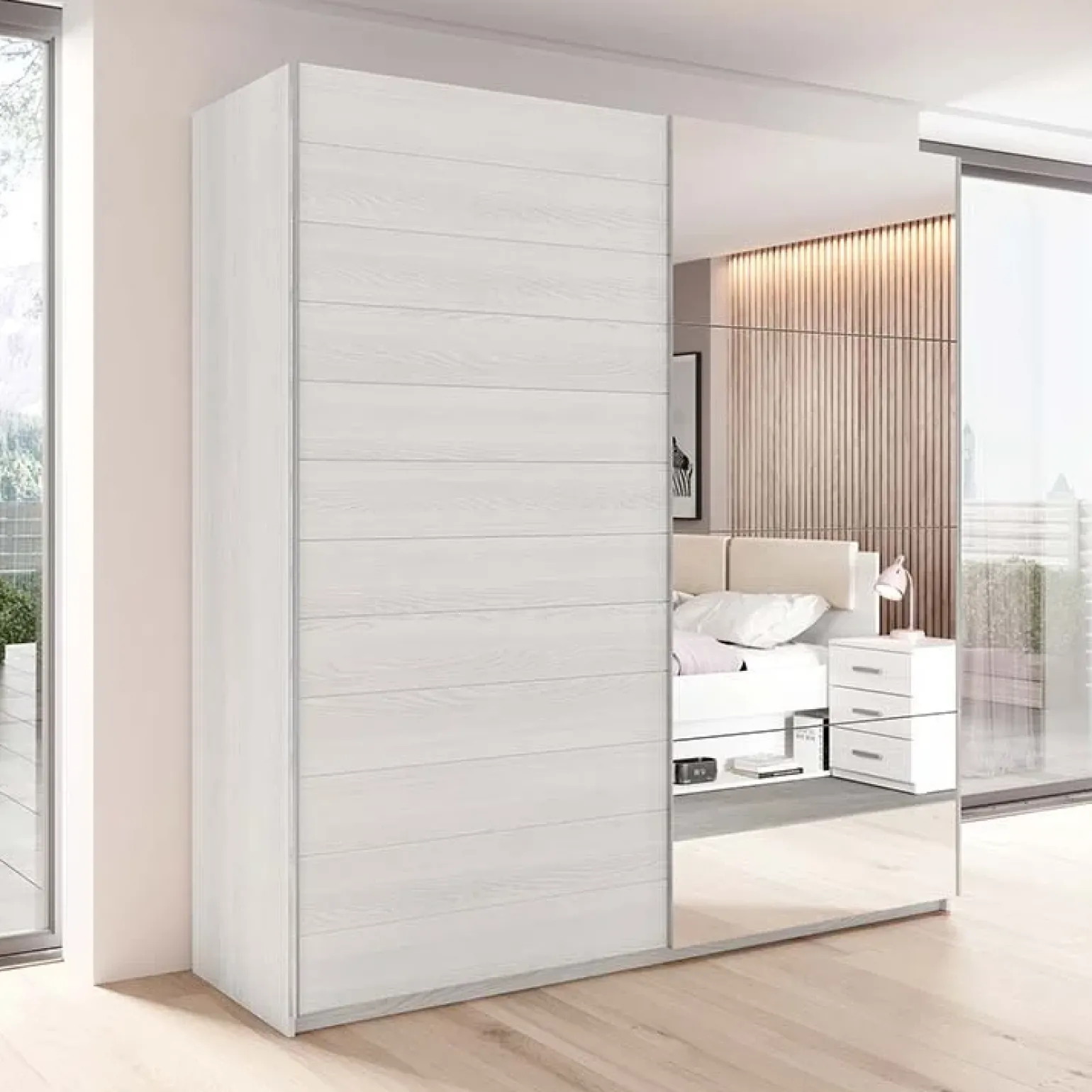 Armadio 200x210h cm 2 ante scorrevoli con specchio bianco frassinato Cortina Gihome®