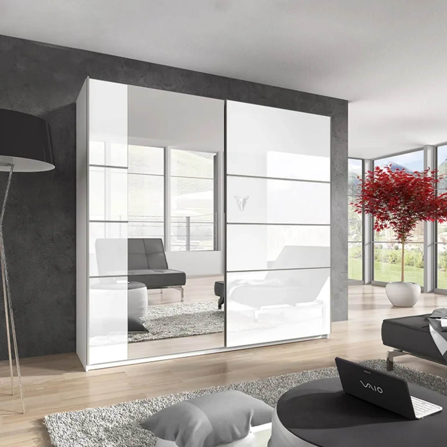 Armadio 221x210h cm 2 ante scorrevoli con specchio bianco lucido Marcus Gihome®