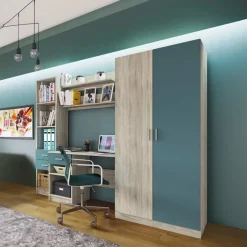 Armadio 220x180h cm cameretta con scrivania e libreria rovere blu petrolio Alex Gihome®