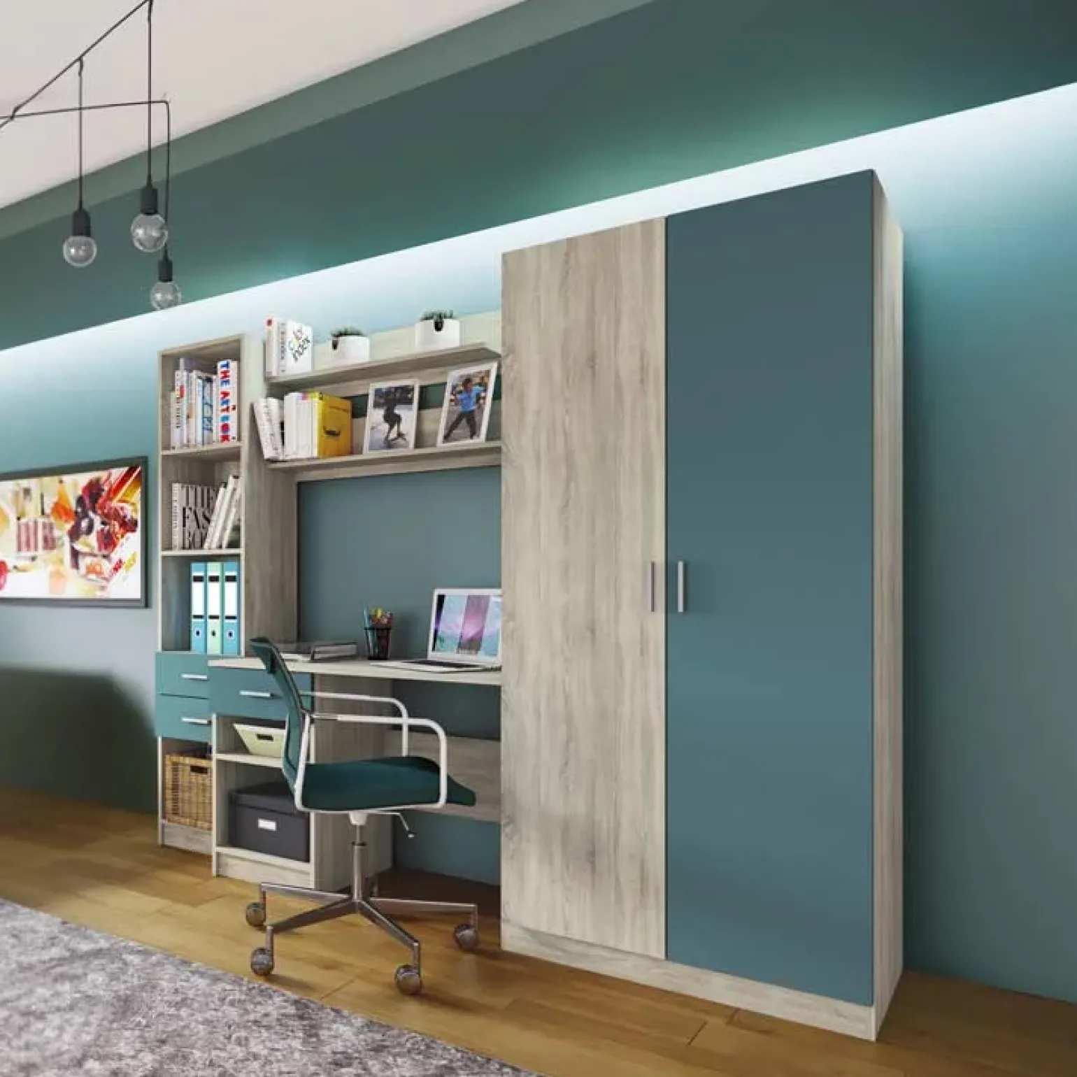 Armadio 220x180h cm cameretta con scrivania e libreria rovere blu petrolio Alex Gihome®