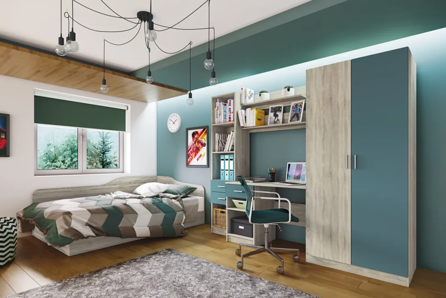 Armadio 220x180h cm cameretta con scrivania e libreria rovere blu petrolio Alex Gihome®