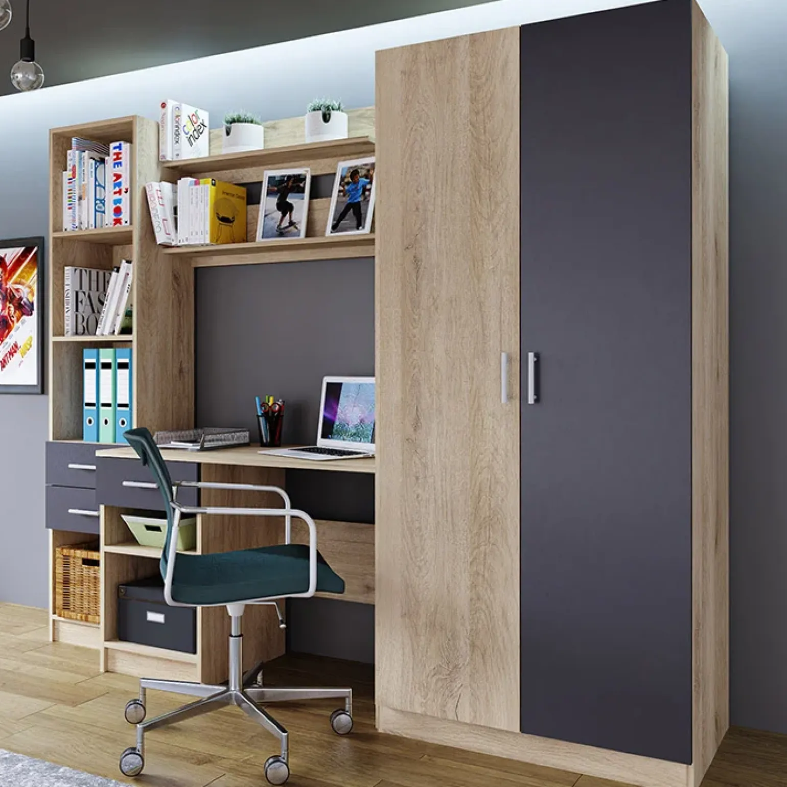 Armadio 220x180h cm cameretta con scrivania e libreria rovere grigio antracite Alex Gihome®
