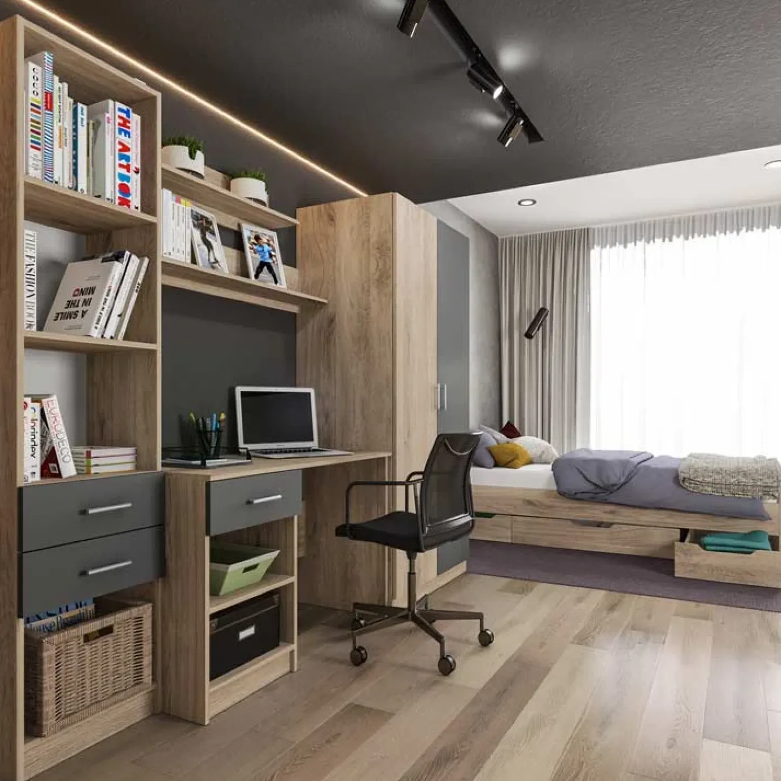 Armadio 220x180h cm cameretta con scrivania e libreria rovere grigio antracite Alex Gihome®