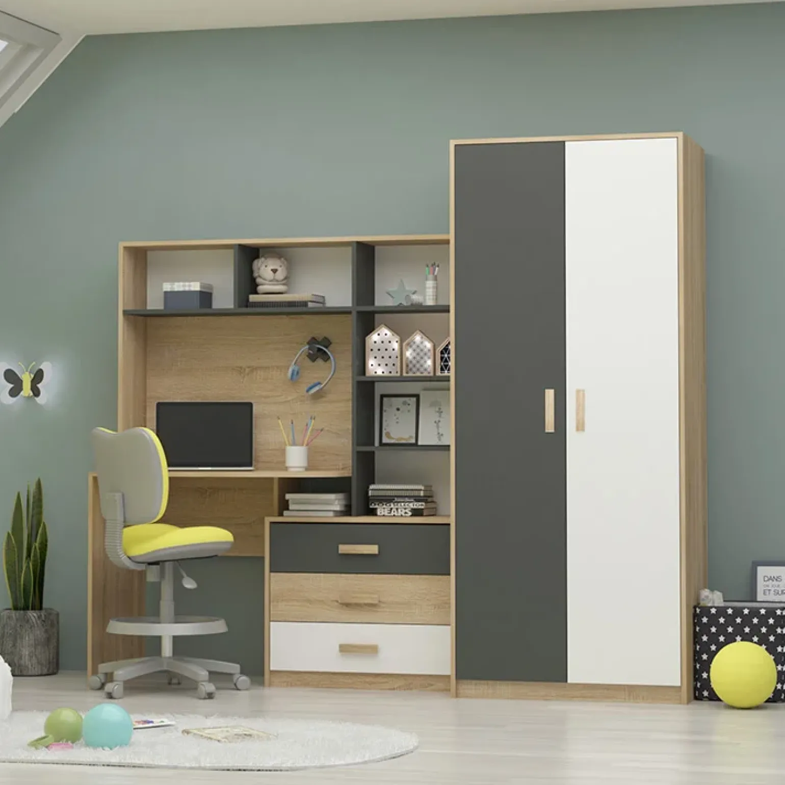 Armadio 210x190h cm con scrivania rovere antracite bianco Chiaretto