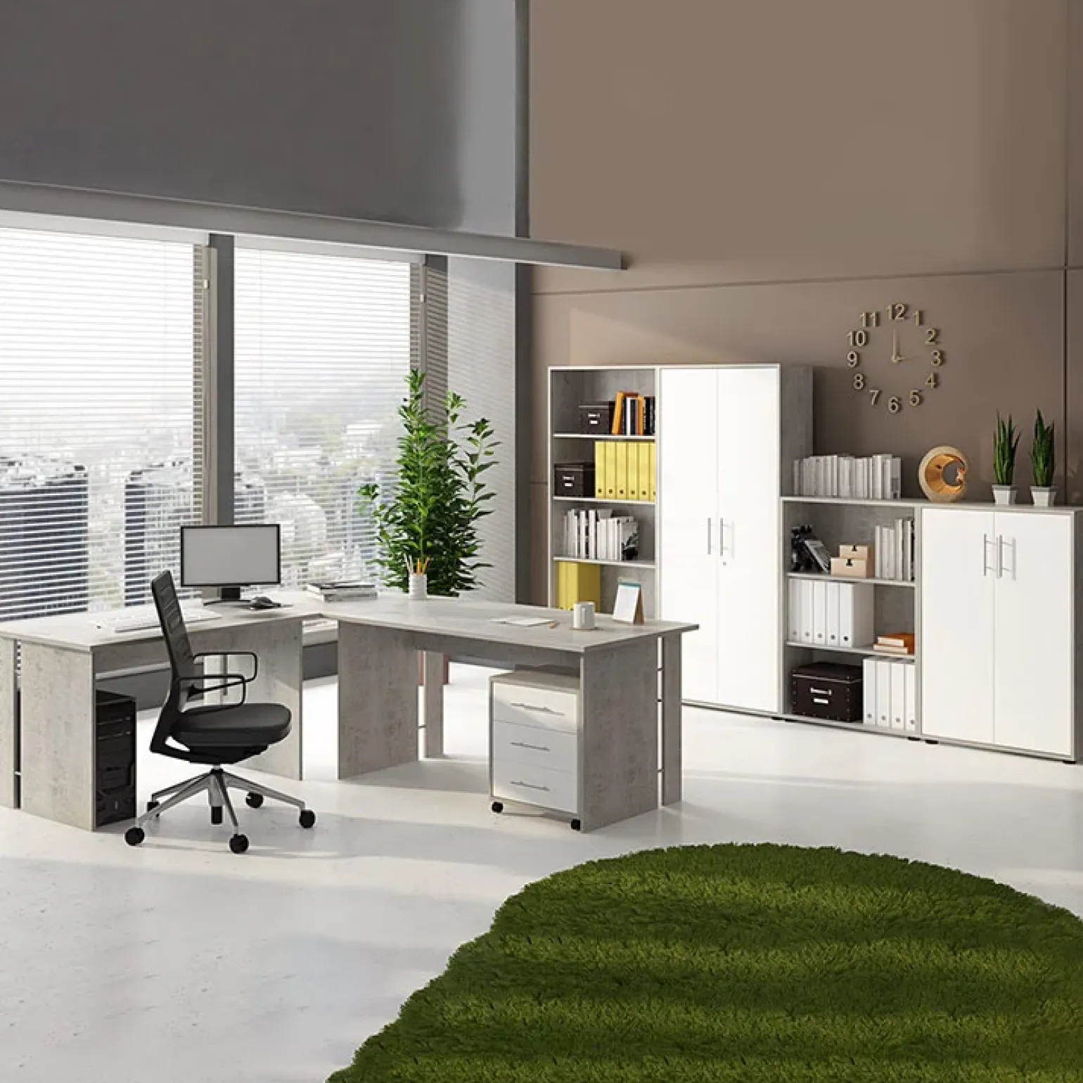 Arredo ufficio completo bianco frassinato cemento Woody