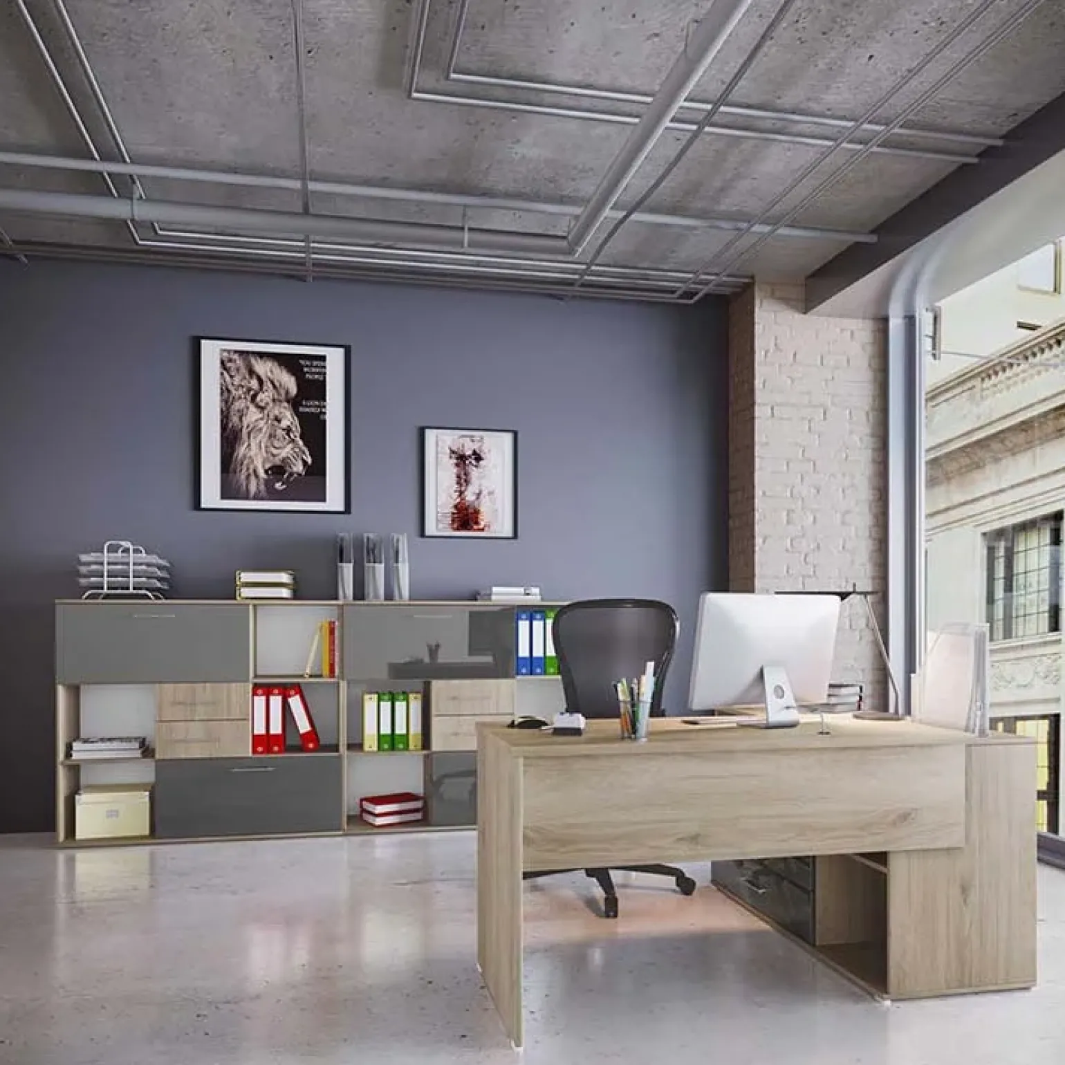 Arredo ufficio completo moderno rovere antracite lucido Time 10