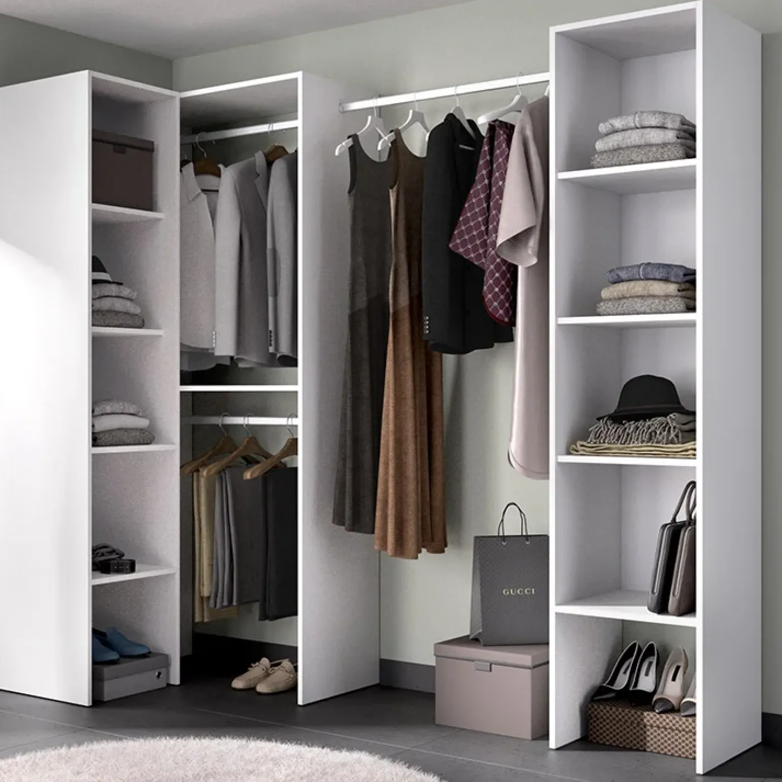 Cabina armadio angolare 226x186h cm 3 scomparti con appendiabiti bianco Soler