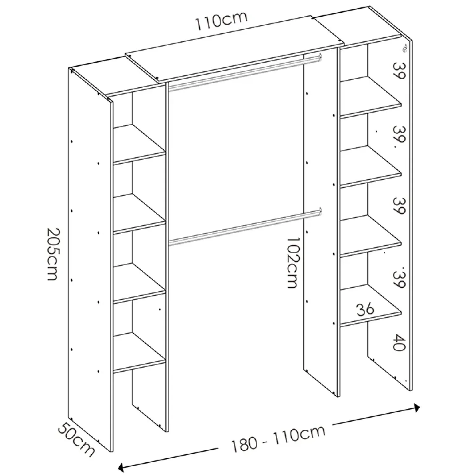 Cabina armadio estensibile 180x205h cm design aperto con tenda rovere grafite Vivid