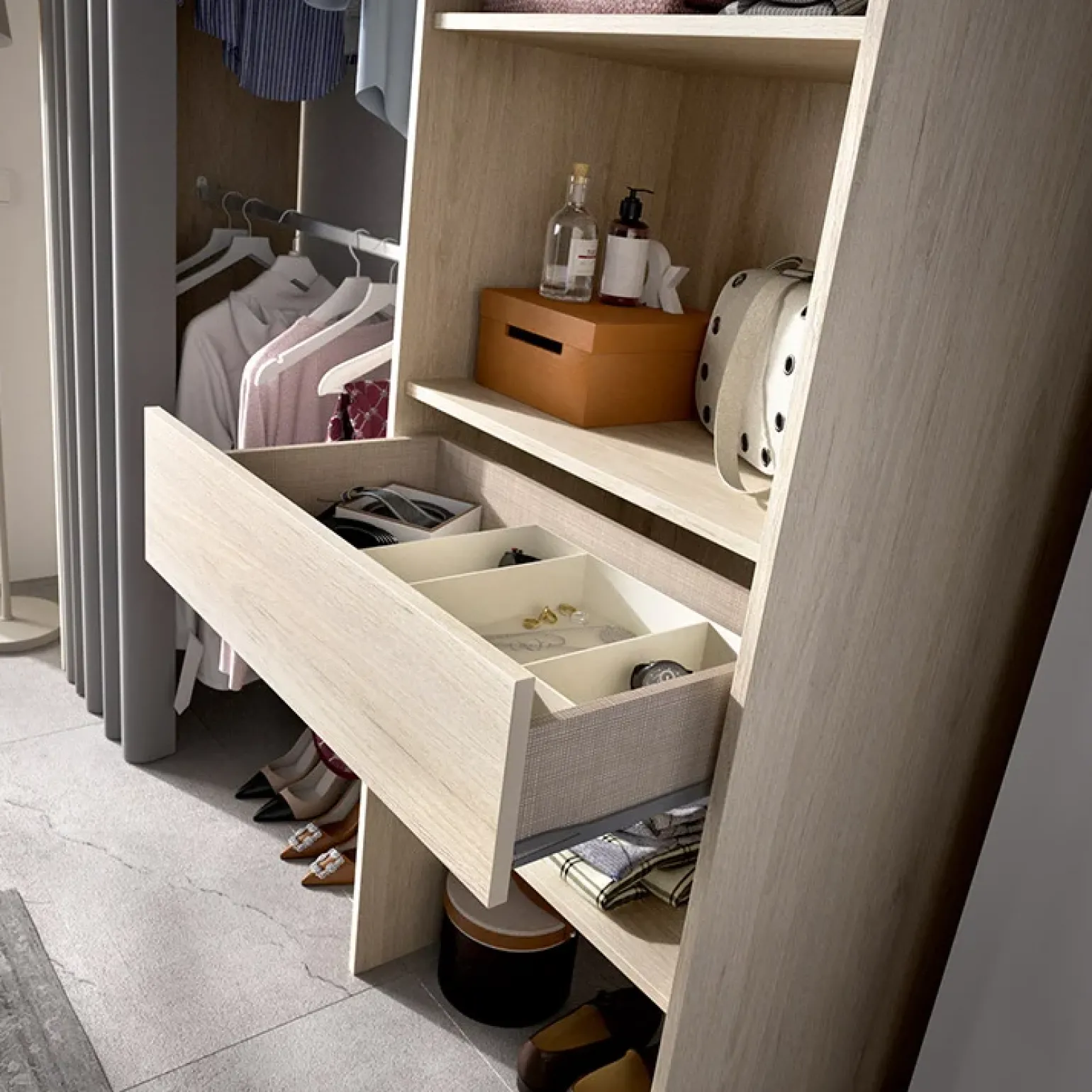Cabina armadio 160x205h cm allungabile moderno aperto con tenda rovere noce Gover